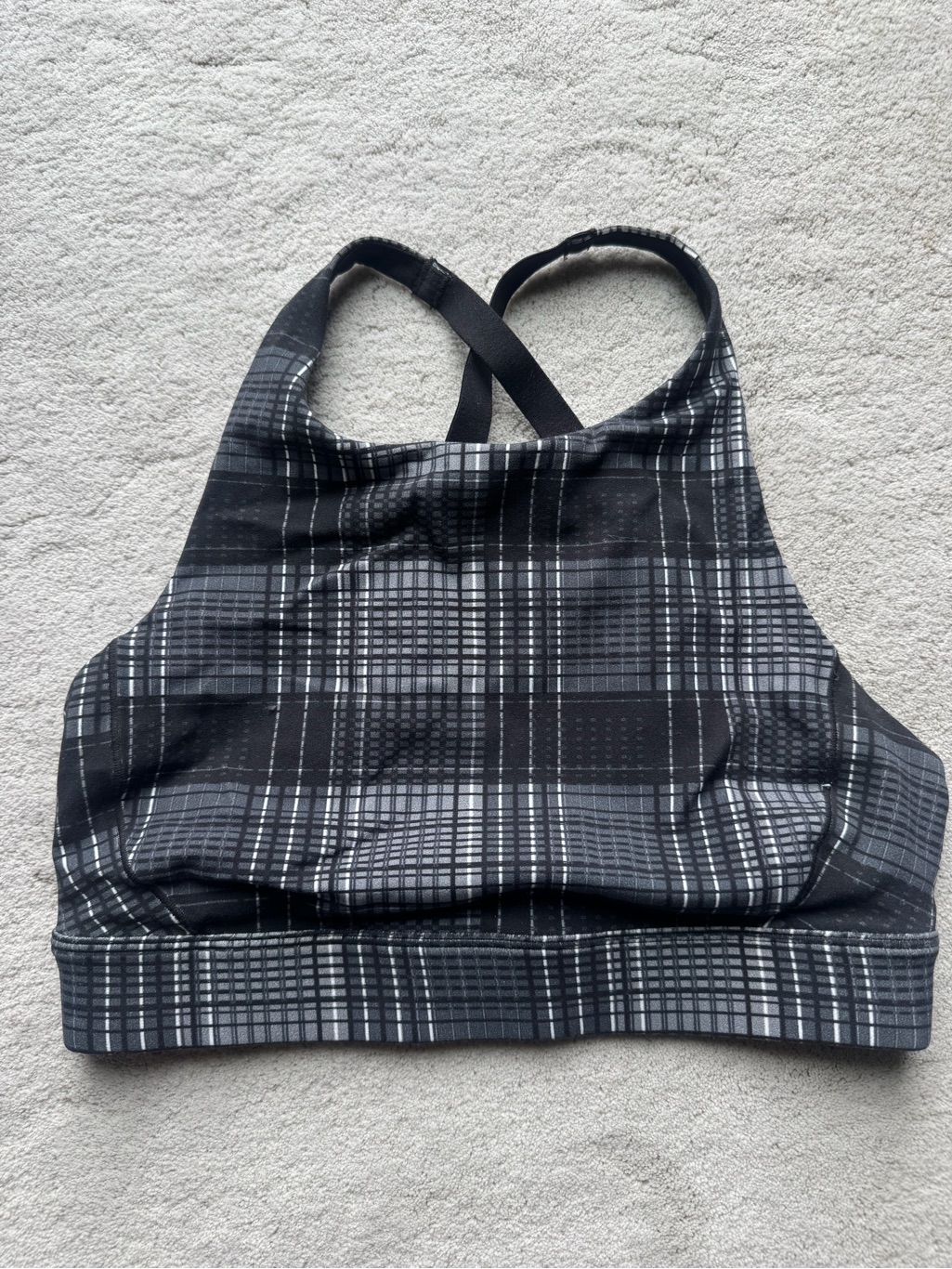 Plaid High Neck Black Sports Bra With Crisscross Straps